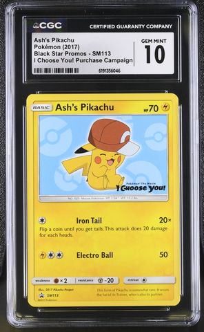 Pokemon - Ash's Pikachu SM113 - Black Star Promo - CGC 10