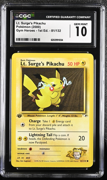 Pokemon - Lt. Surge's Pikachu 1st Edition - Gym Heroes - CGC 10
